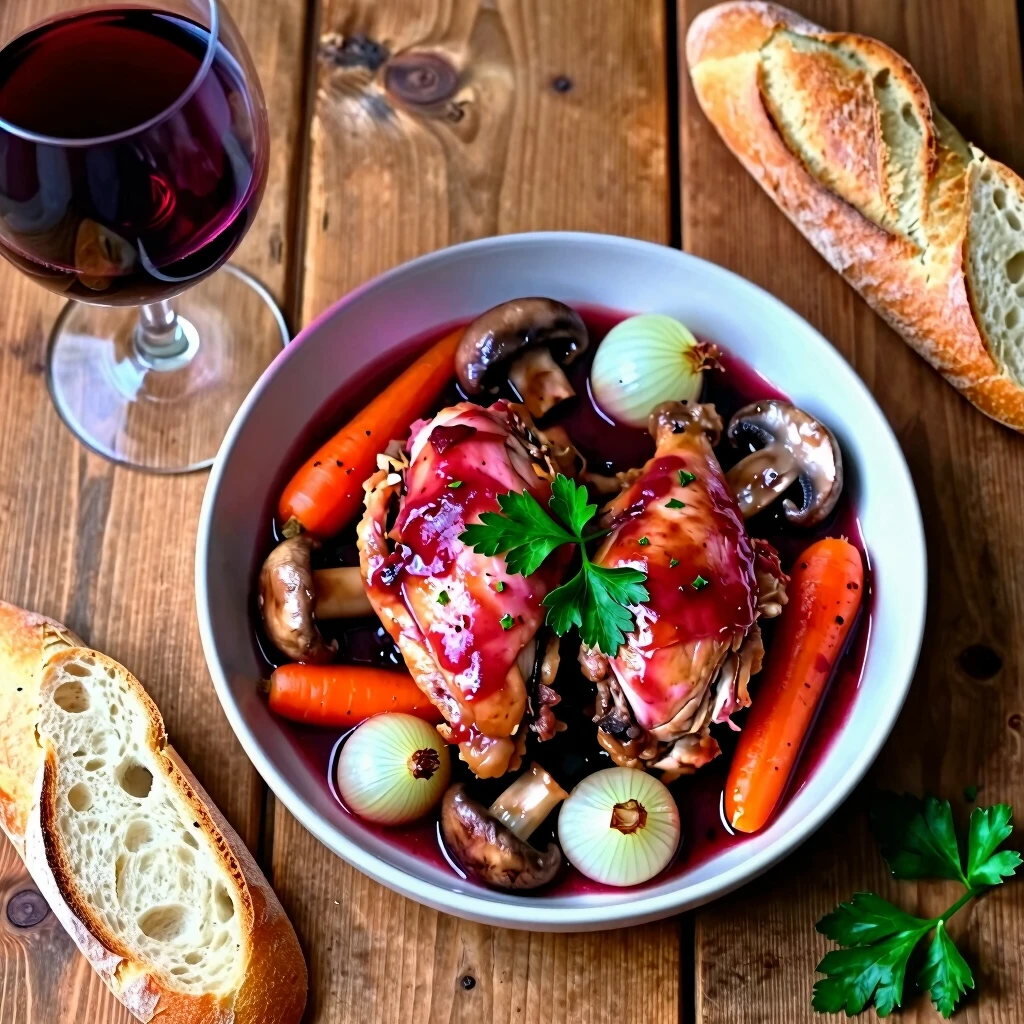 Finished coq au vin dish with wine glass