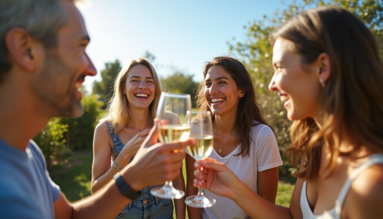 A happy group of friends sharing wine in an outdoor setting, suggesting enjoyment and camaraderie.