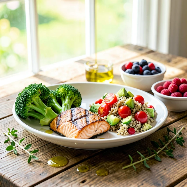 Vibrant heart-healthy plate with salmon, vegetables, grains, and berries