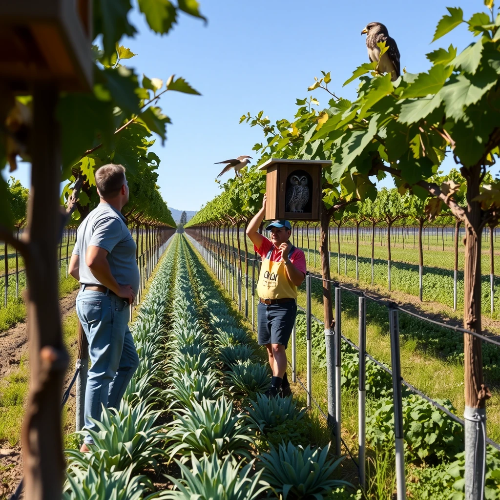 Vineyard workers practicing sustainable methods with owl boxes and cover crops at Jackson Family Wines