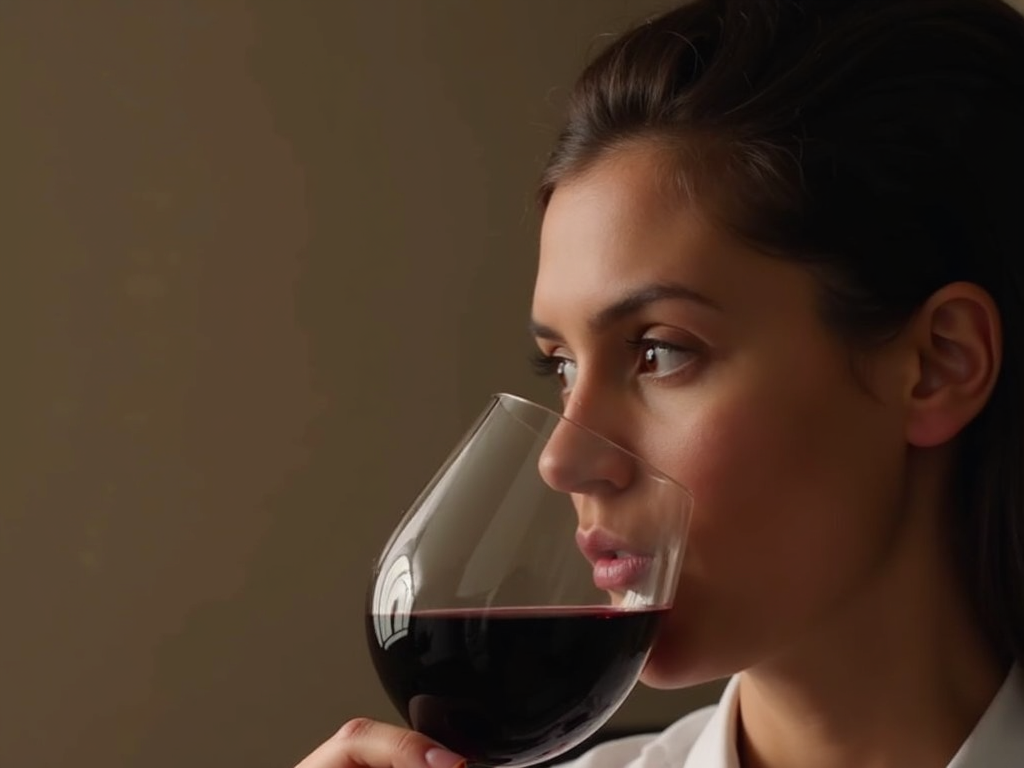 Tasting red wine and evaluating its flavors.