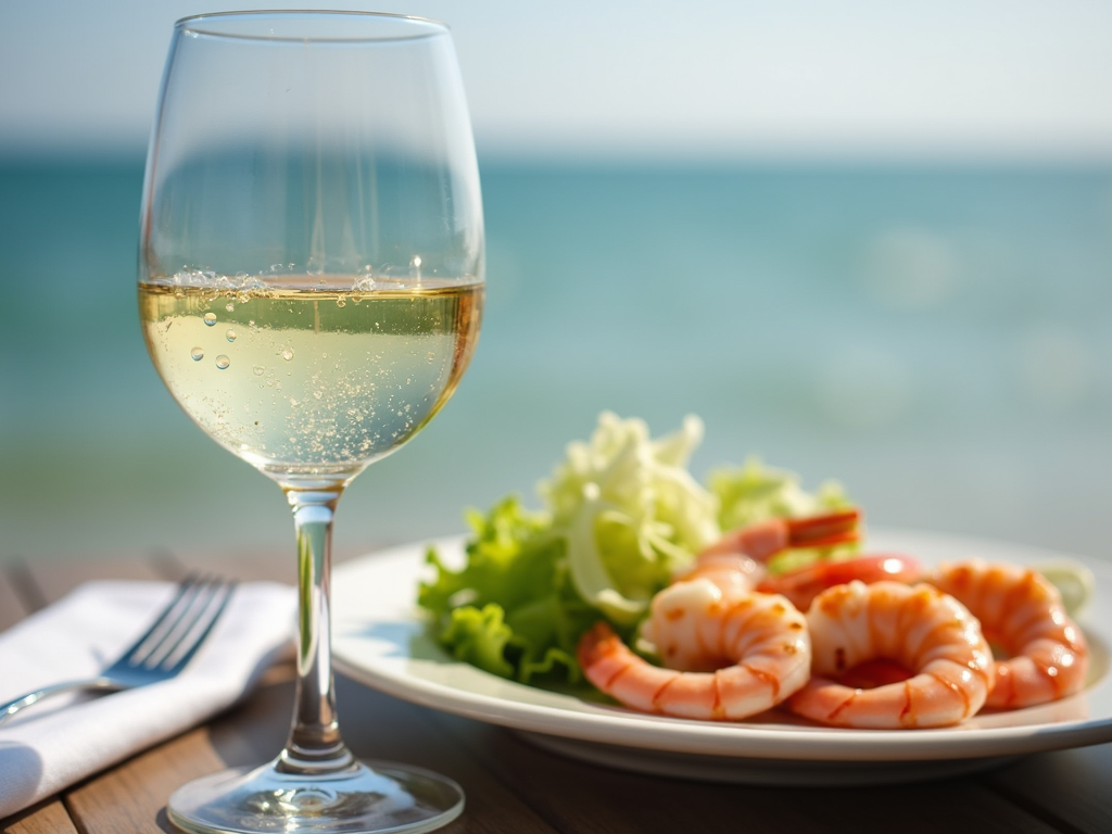 A glass of white wine beside a seafood dish and salad, highlighting a fresh pairing.