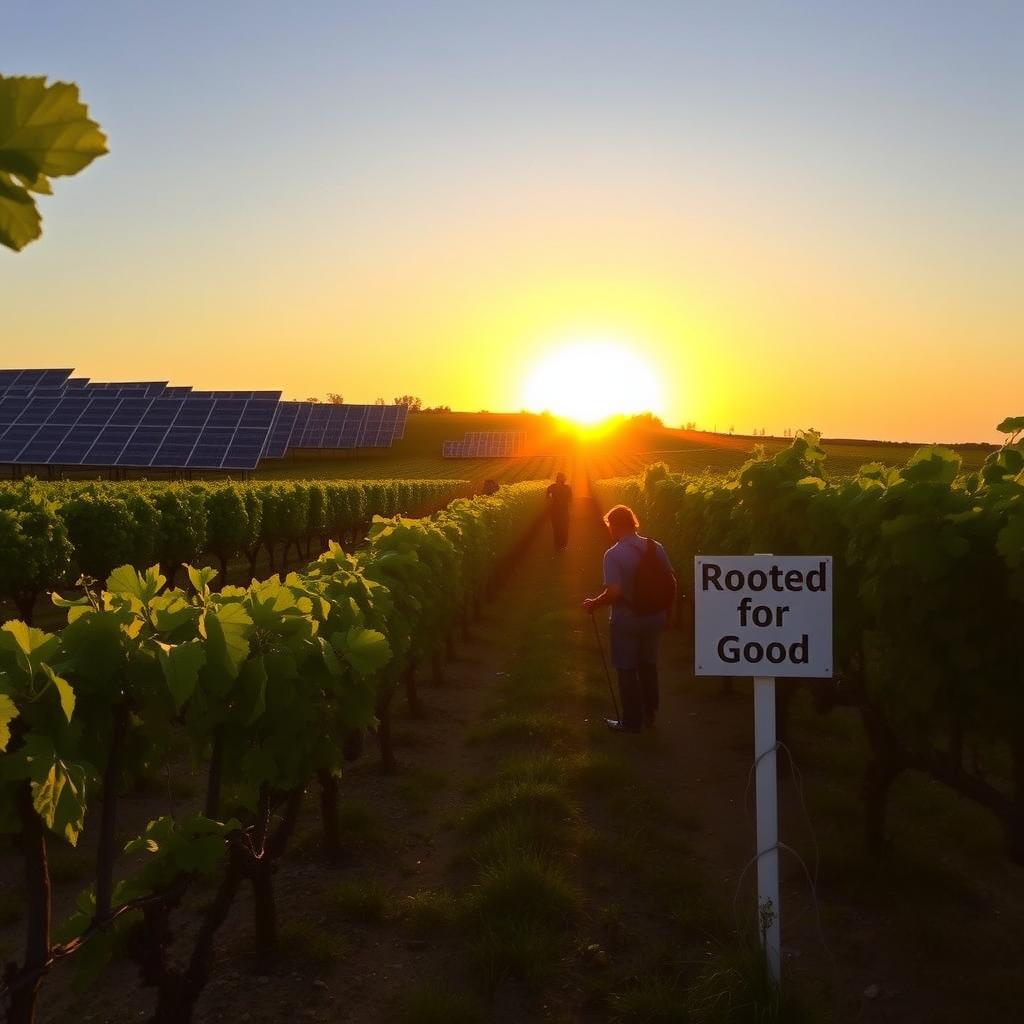 Sunrise over a vineyard with workers, solar panels, and a ‘Rooted for Good’ sign, showcasing sustainability.