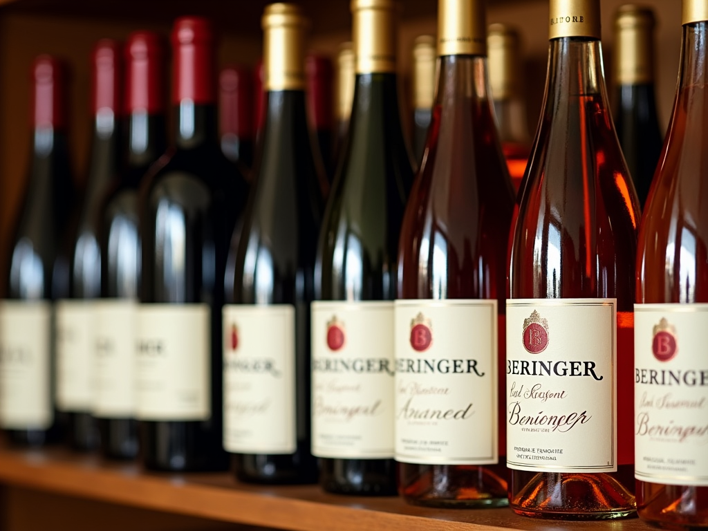 Beringer wine bottles on wooden shelf