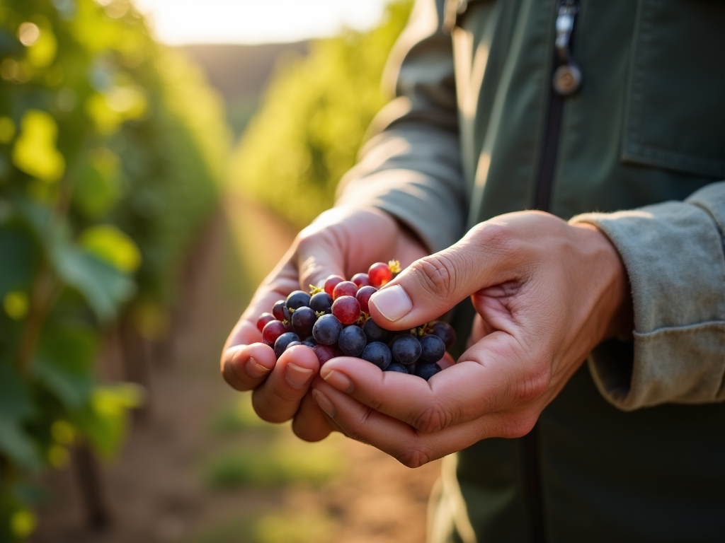 Winemaker inspecting grapes