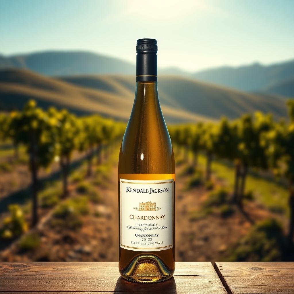 Kendall-Jackson Chardonnay bottle on a wooden table in a sunlit vineyard