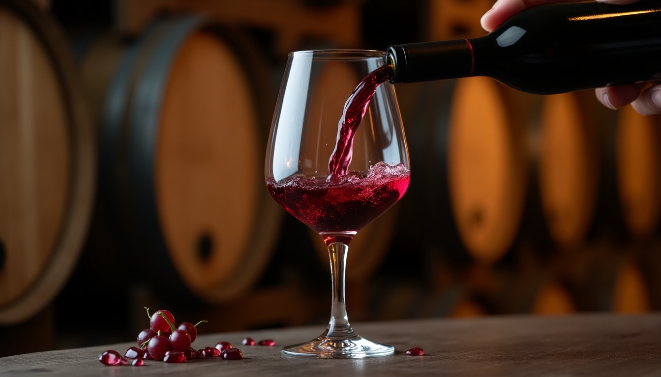 Glass of red wine being poured with wine barrels in the background.