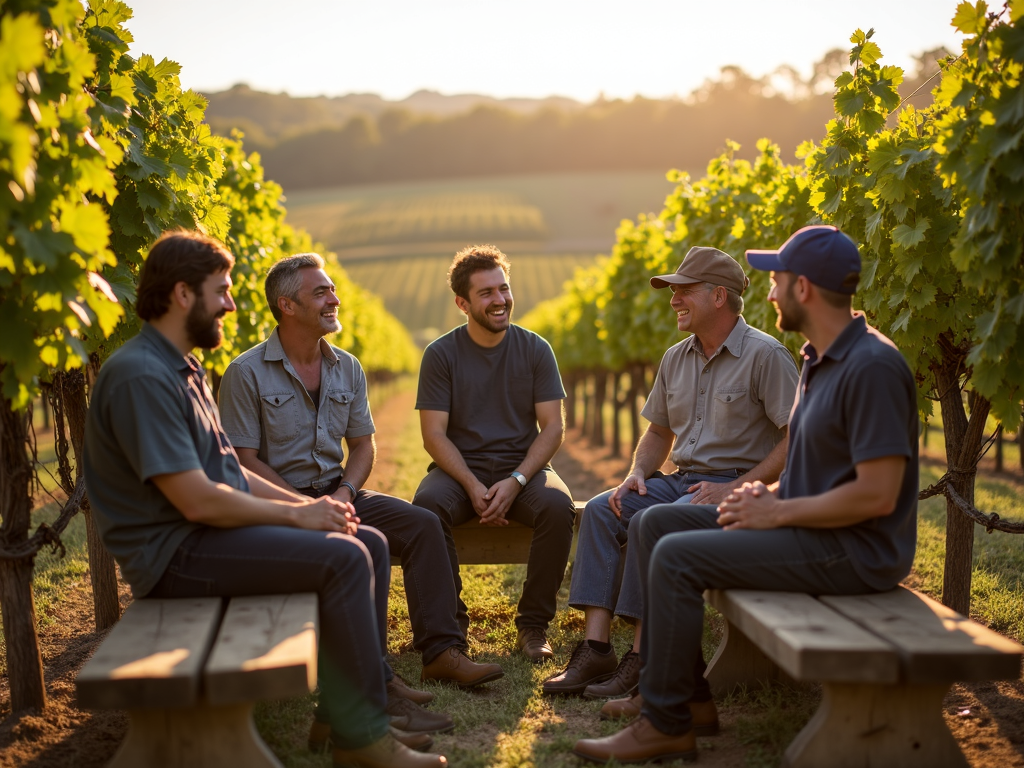 Vineyard workers enjoying a break among the grapevines