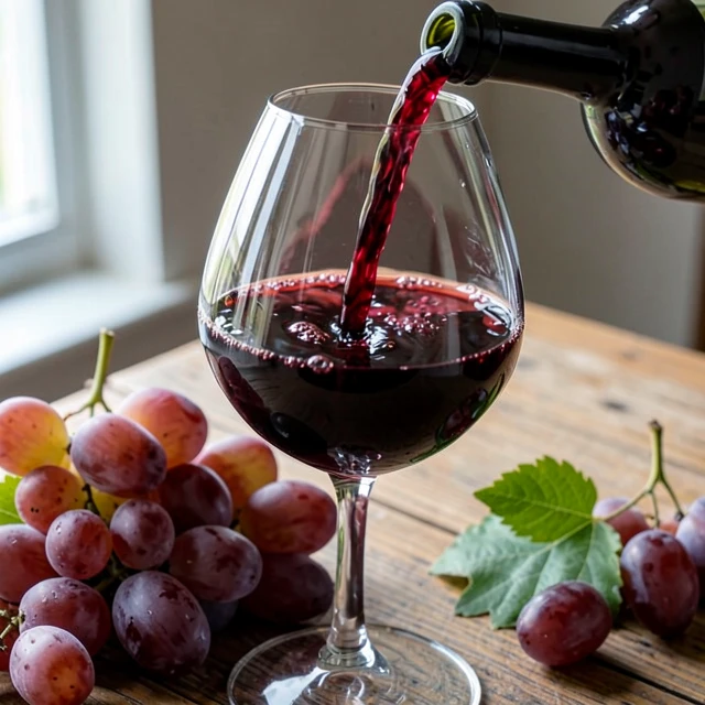 Glass of vibrant red organic wine with fresh grapes