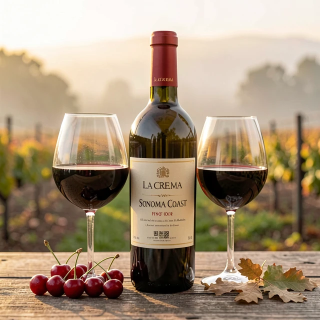 Bottle of La Crema Pinot Noir with glass and cherries on wooden table
