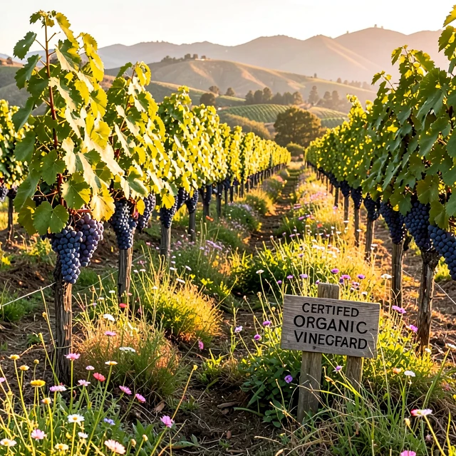 Lush organic vineyard with natural cover crops and certification sign