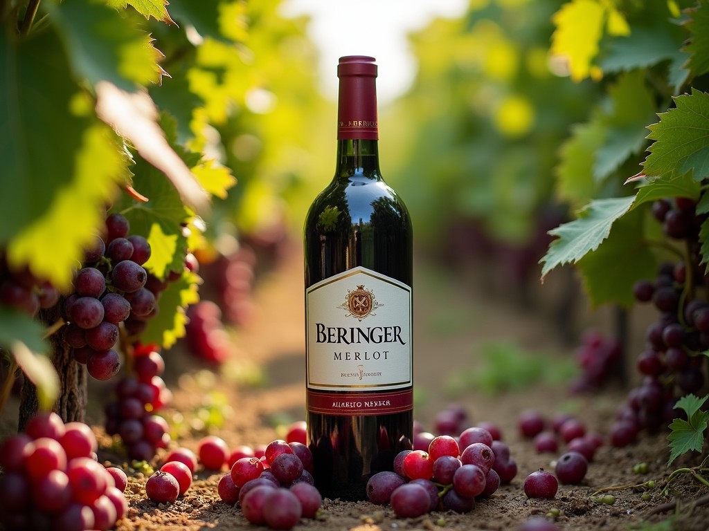 A bottle of Beringer Merlot surrounded by a vineyard's lush landscape.