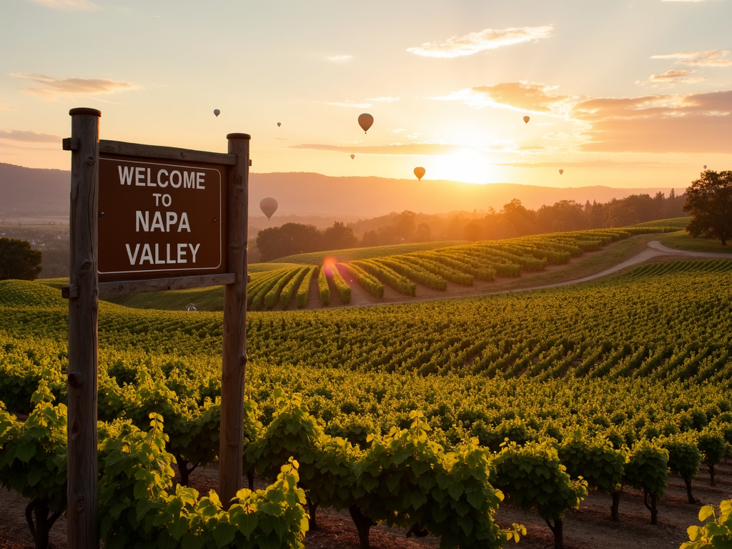 Scenic view of Napa Valley vineyards at sunset