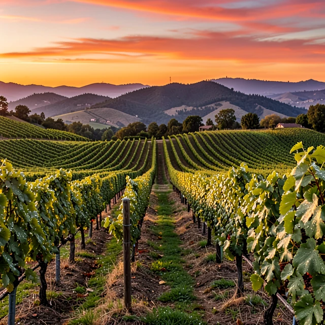 Napa Valley vineyards glowing at sunset