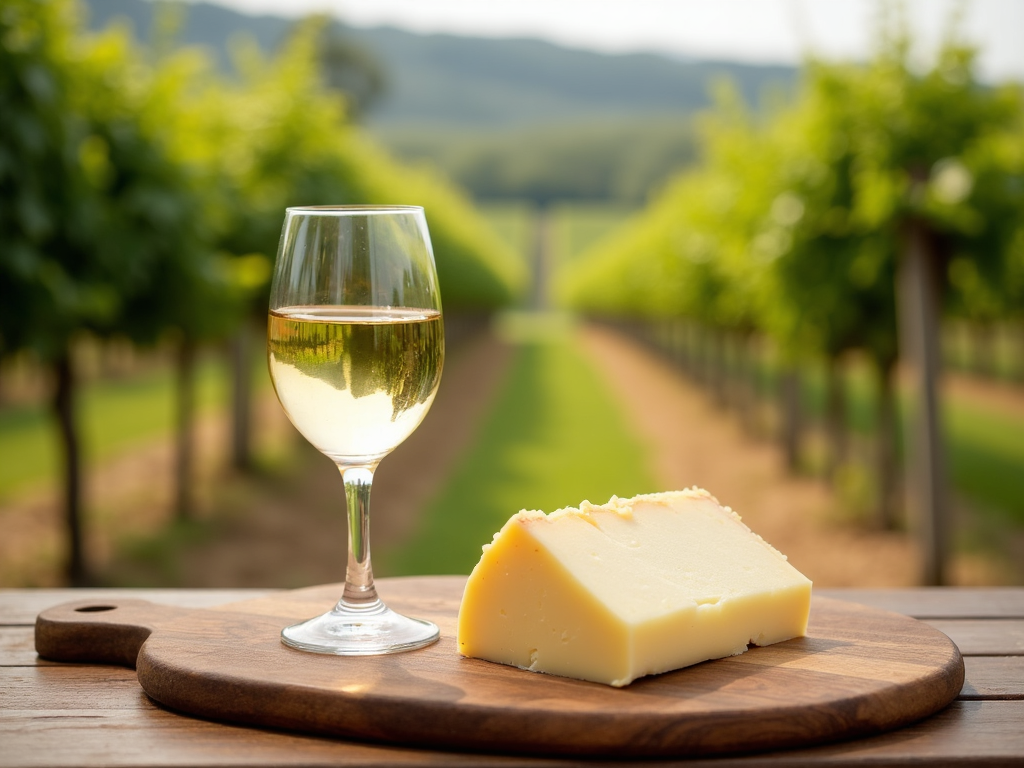 A glass of white wine and a wedge of cheese on a wooden board, with a vineyard in the background.