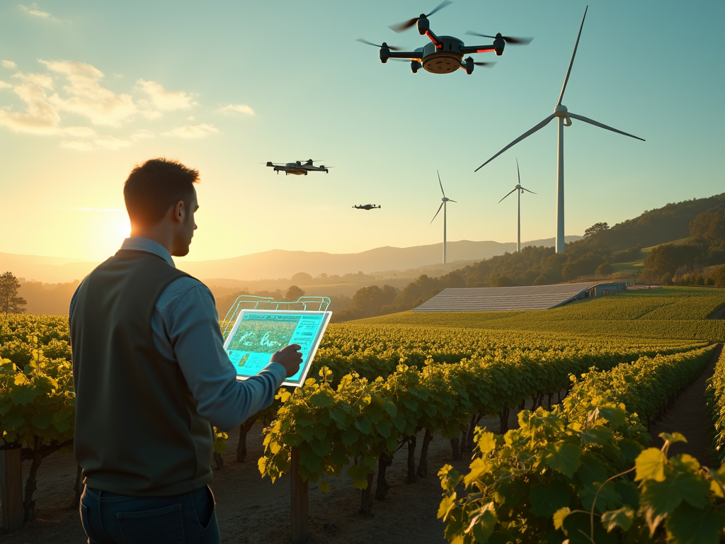 Futuristic vineyard with drones and sustainable technology.