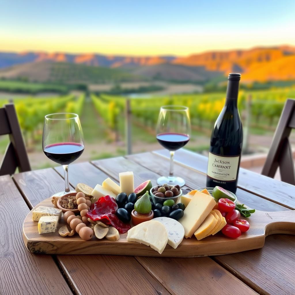 Charcuterie board with cheeses, meats, figs, and olives on a rustic wooden table, paired with Jackson Family Wines Cabernet Sauvignon, set against a vineyard sunset.