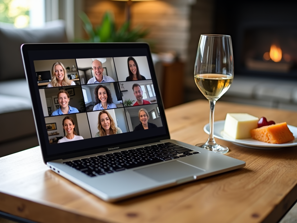 Virtual wine tasting setup with laptop and wine