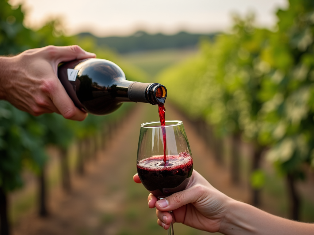 Pouring rich red wine into a glass, highlighting the care in every drop.