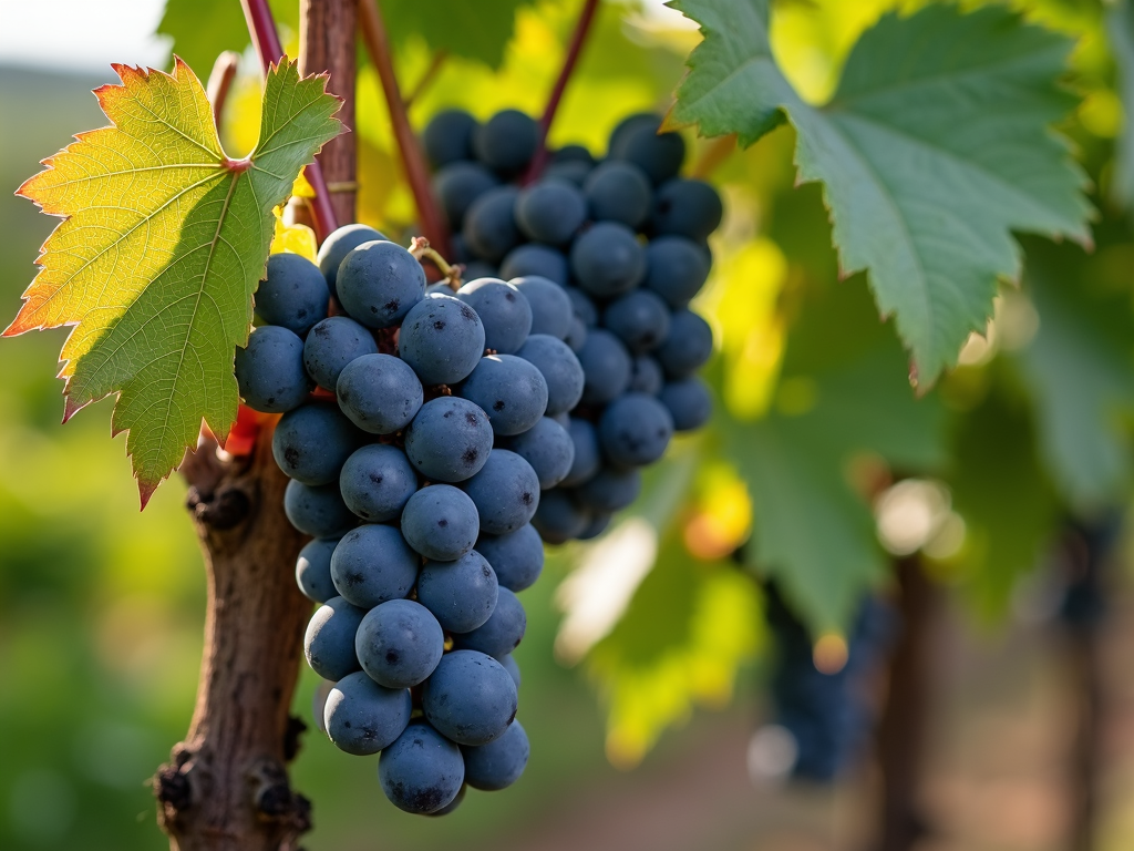 Vibrant grape bunches hanging from the trellis, reflecting the lushness of a vineyard during harvest.
