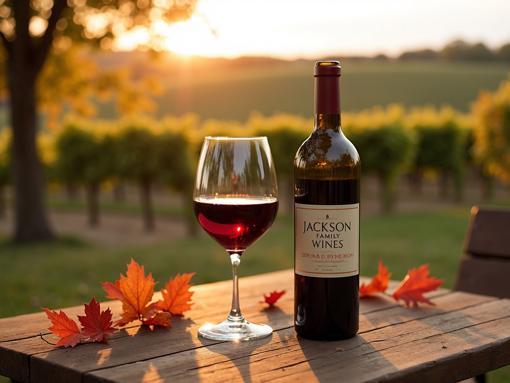 A glass of red wine from a Jackson Family Wines special edition on a wooden table with autumn leaves and a vineyard in the background.