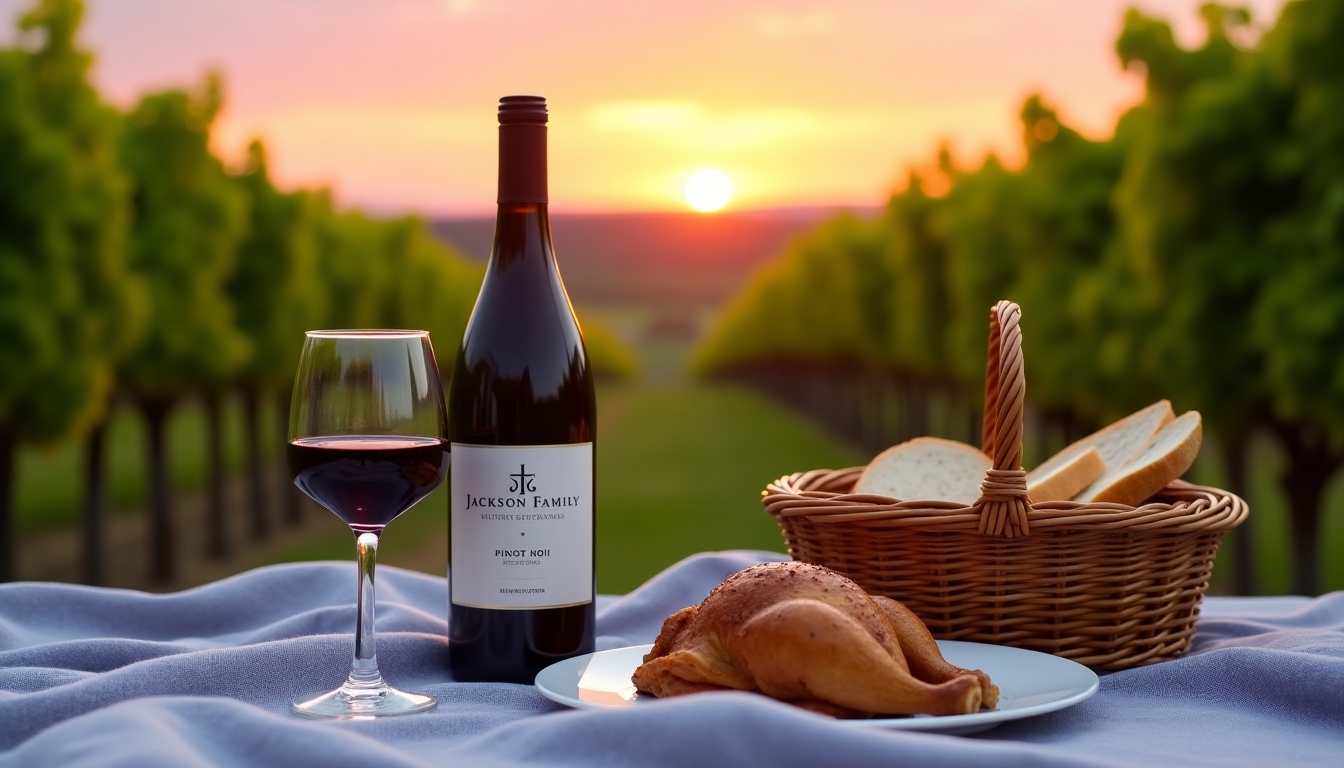 A picnic with Pinot Noir and roasted chicken at sunset, capturing a scenic wine pairing.