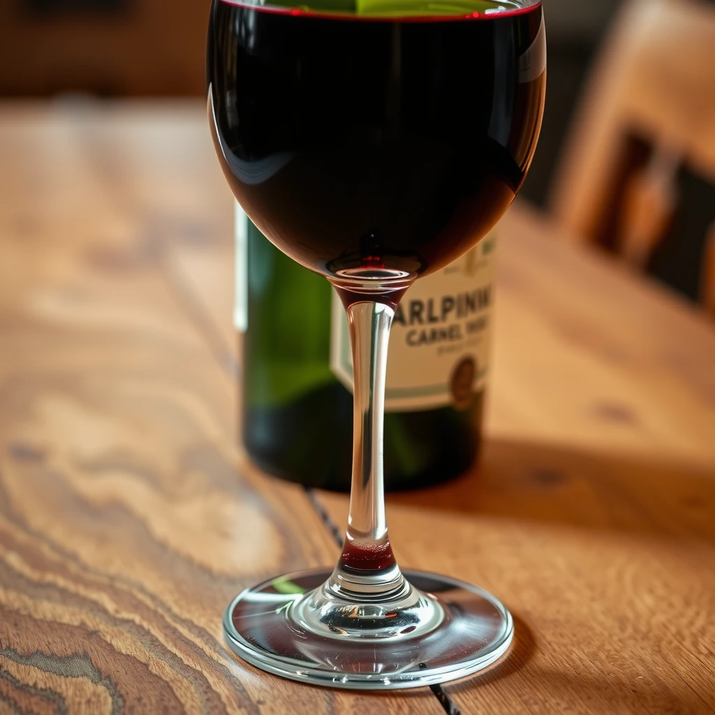 Elegant glass of red Cabernet Sauvignon wine with bottle on wooden table