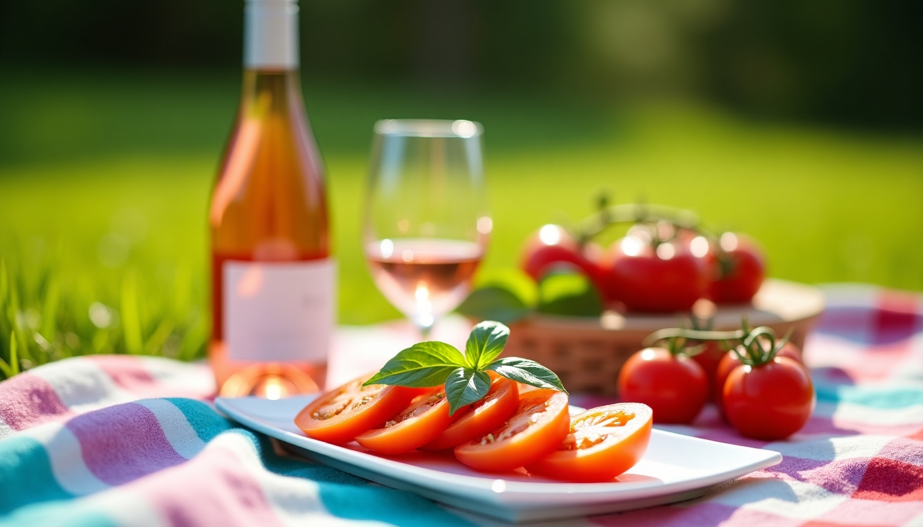 Rosé wine with tomato salad at picnic