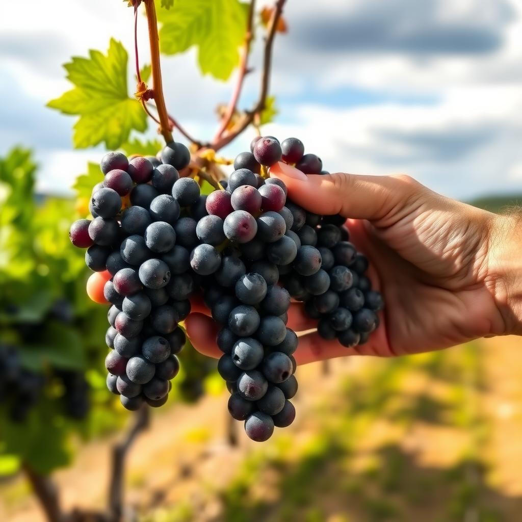 A winemaker’s hands inspecting ripe Cabernet Sauvignon grapes in a vineyard under soft sunlight.