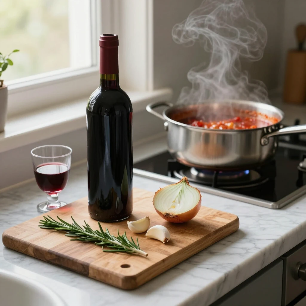 Kitchen ingredients ready for cooking with wine