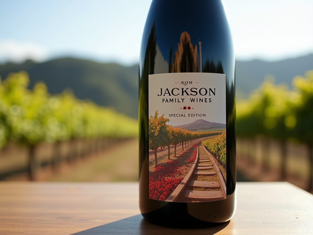 Special edition wine bottle with vineyard background