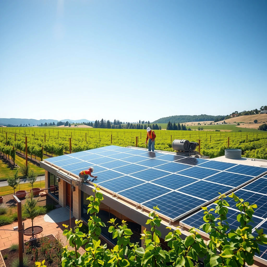 Workers installing solar panels at a winery