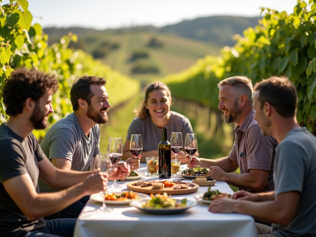 Vineyard workers enjoying a meal together in a sustainable vineyard