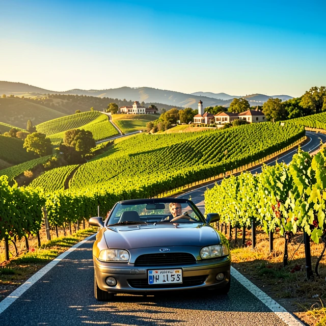 Scenic wine country road with vineyards and a car on a sunny day