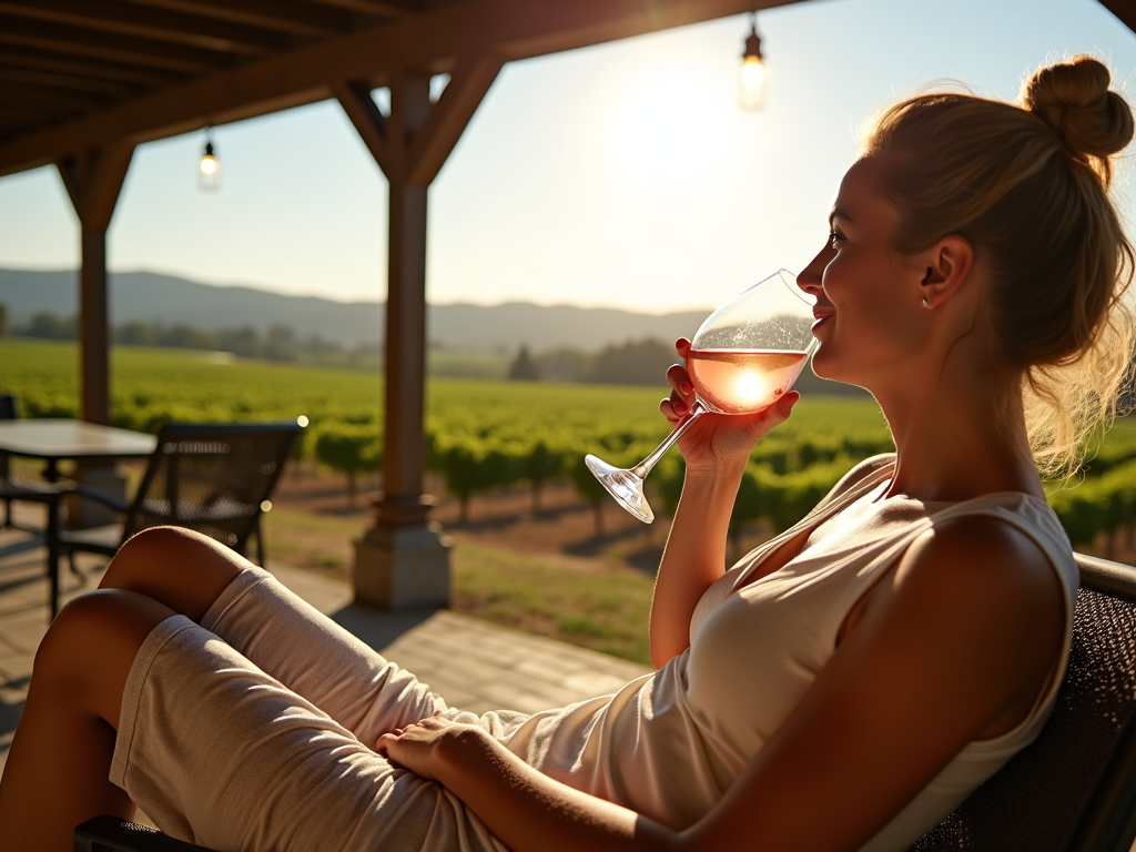 Person sipping Beringer rosé on patio