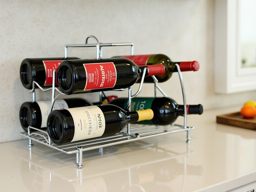 A metal wine rack on a kitchen counter.