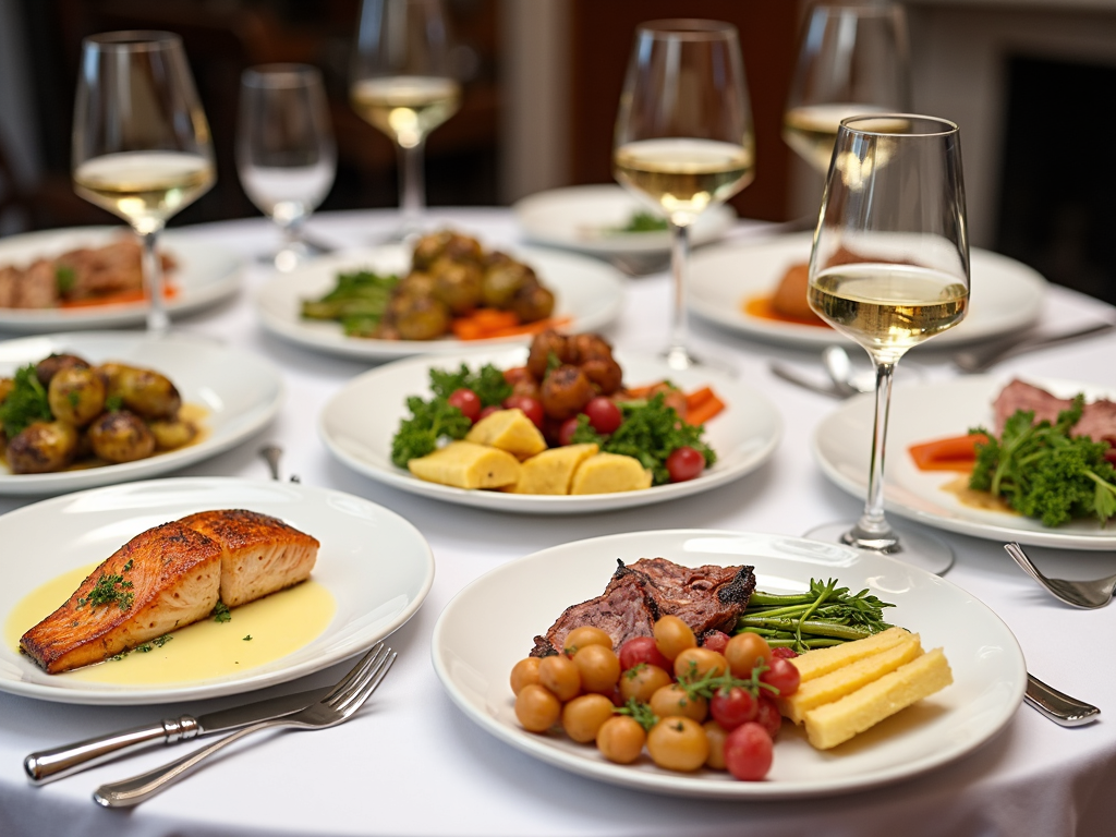 Dining table with food and wine pairings, illustrating the harmony between wine and cuisine.