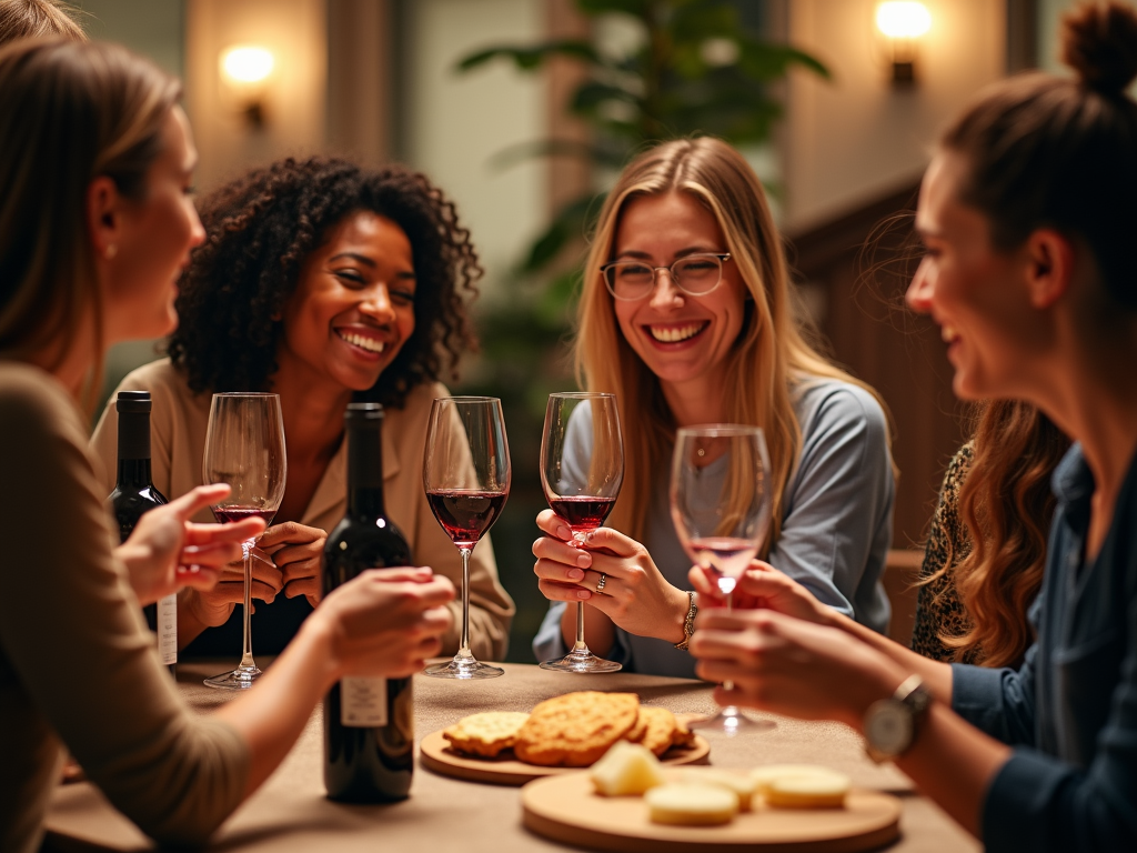 Friends enjoying a wine tasting event with glasses and snacks