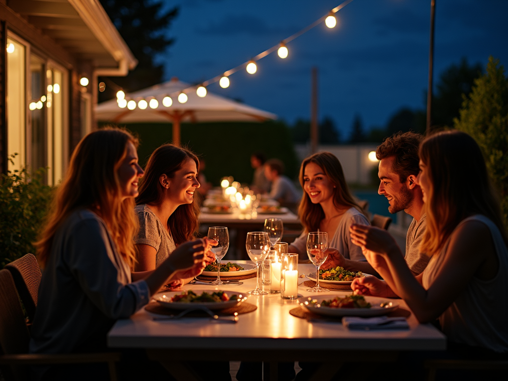 Friends dining outdoors at a summer soiree