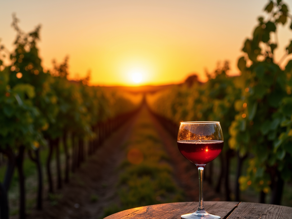 Vineyard sunset with wine glass