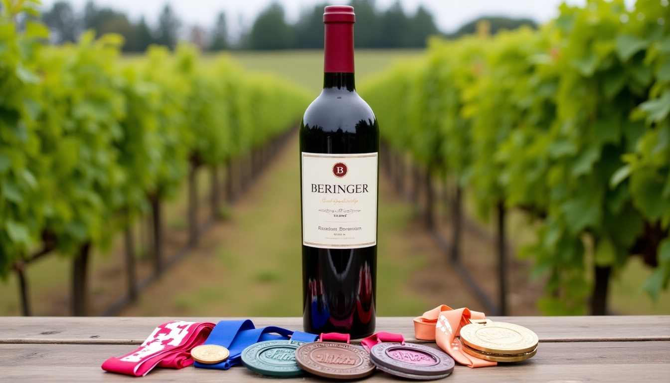 A bottle of Beringer wine with gold medals