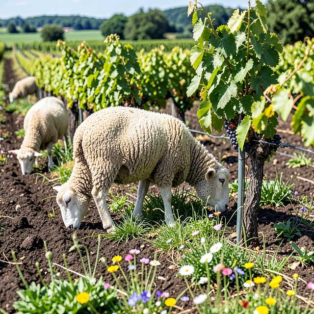 Sheep grazing in a sustainable vineyard for natural soil management