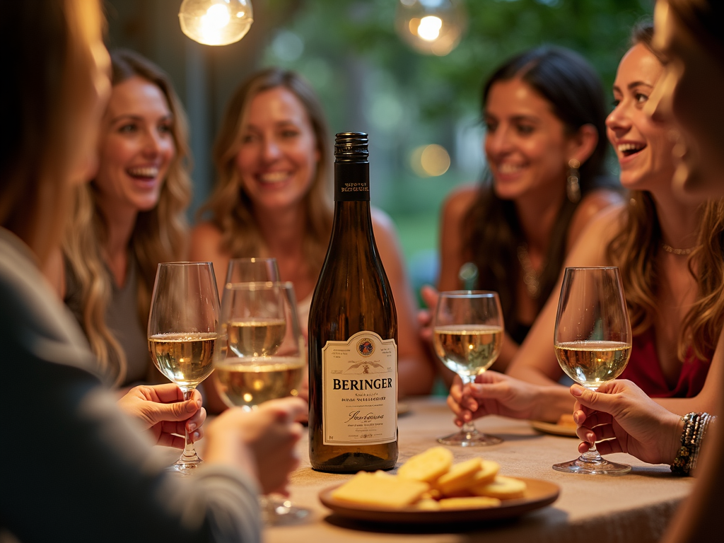 Friends enjoying a wine-tasting session, discussing flavors and aromas, with a bottle of Beringer prominently displayed.
