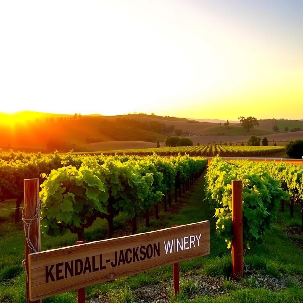 Sunset over Kendall-Jackson vineyard in Sonoma County with rows of vines and a wooden sign