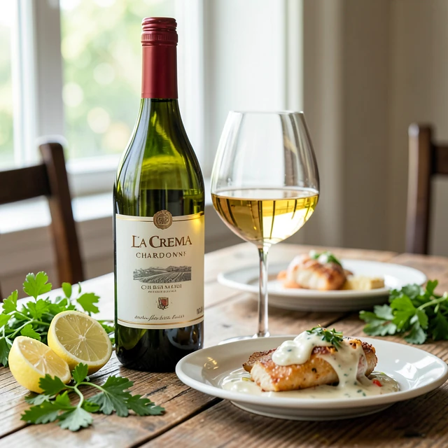 La Crema Chardonnay bottle and glass paired with a creamy seafood dish