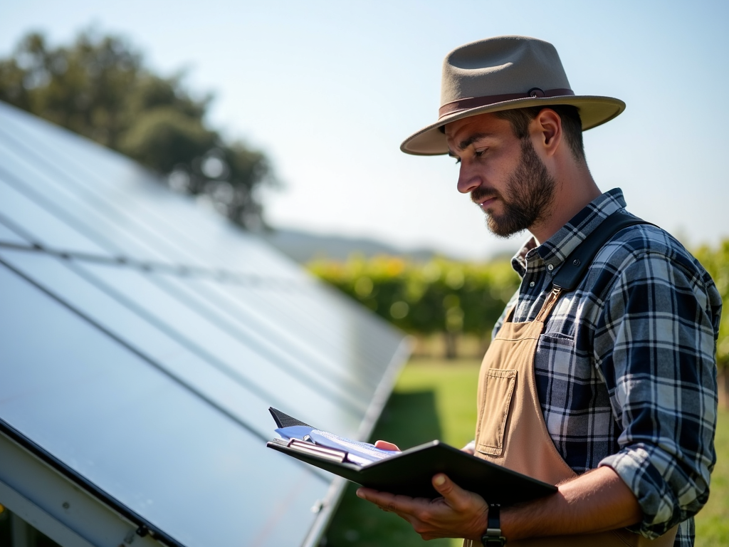 Winemaker inspecting solar equipment