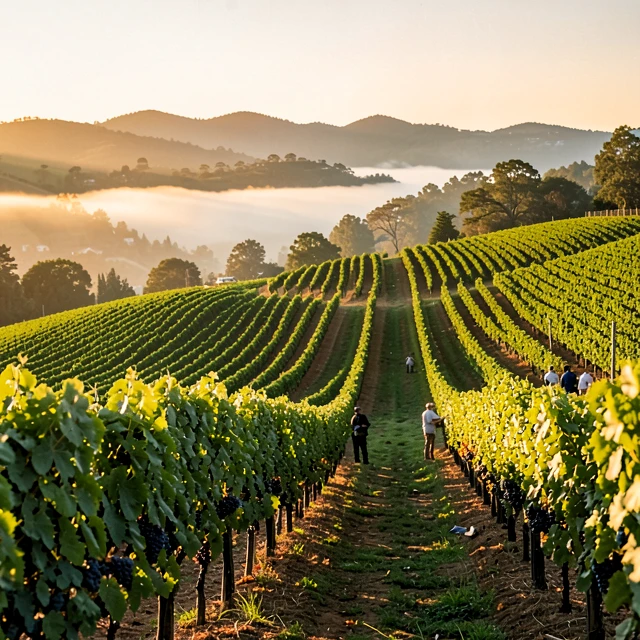 Sunrise over Sonoma County vineyards at Jackson Family Wines, with misty hills and workers tending vines