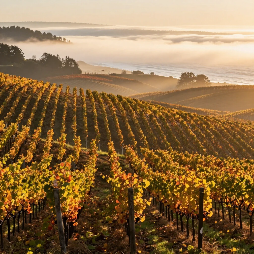 Panoramic autumn view of Sonoma Coast vineyards with rolling hills and coastal fog