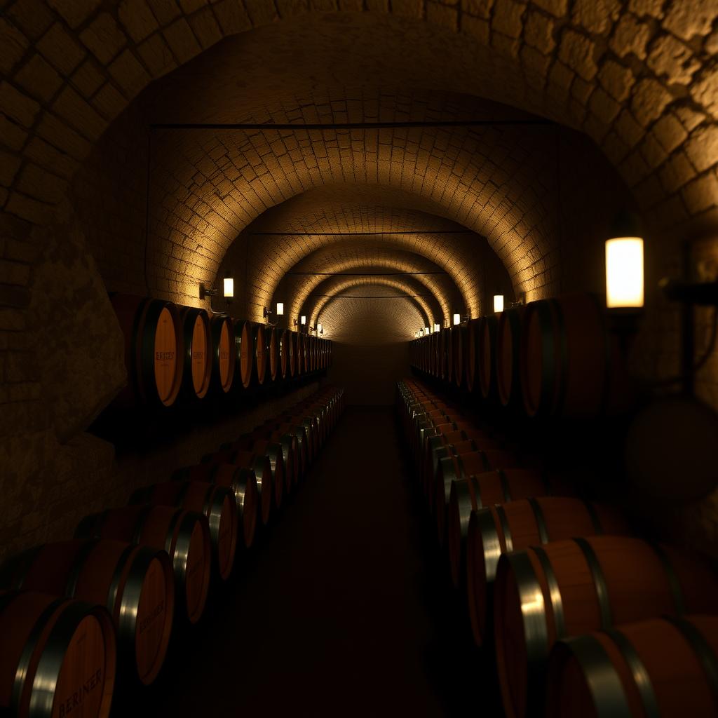 Interior of Beringer’s historic wine caves with oak barrels