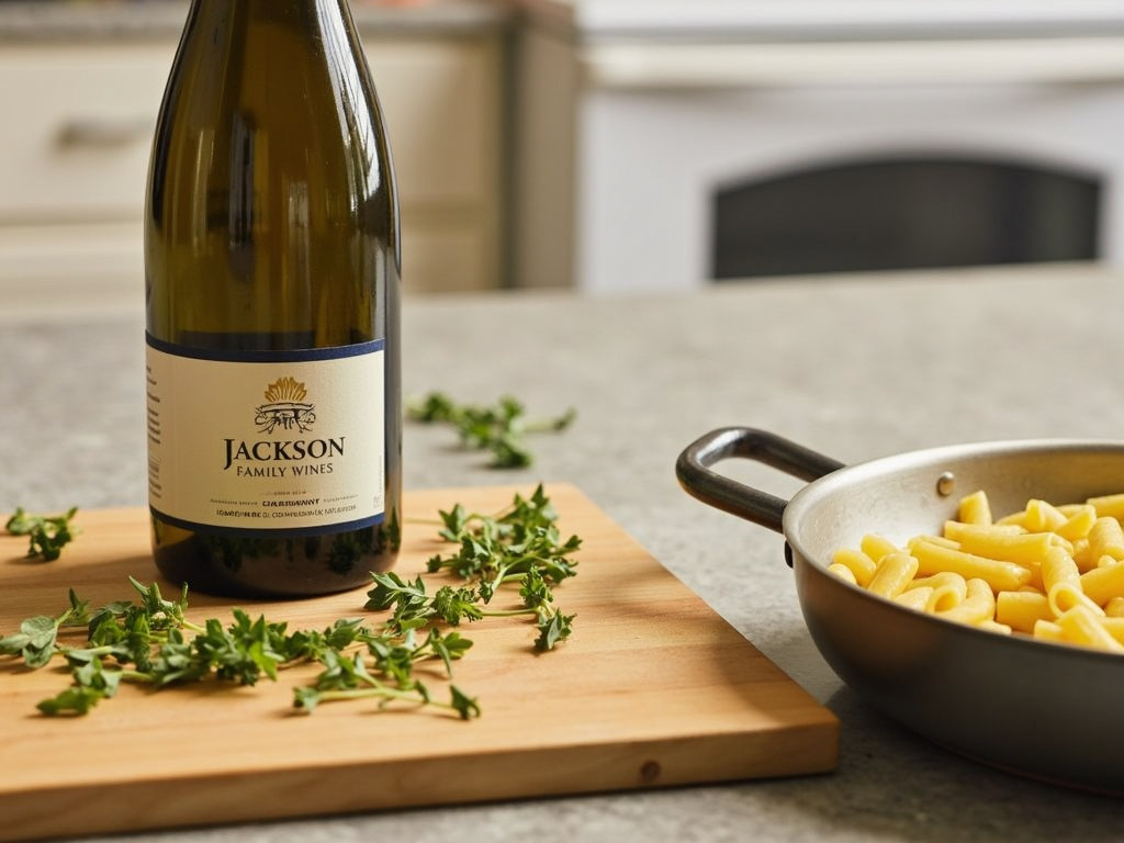 A kitchen scene with Chardonnay and creamy pasta, highlighting a home-style wine pairing.